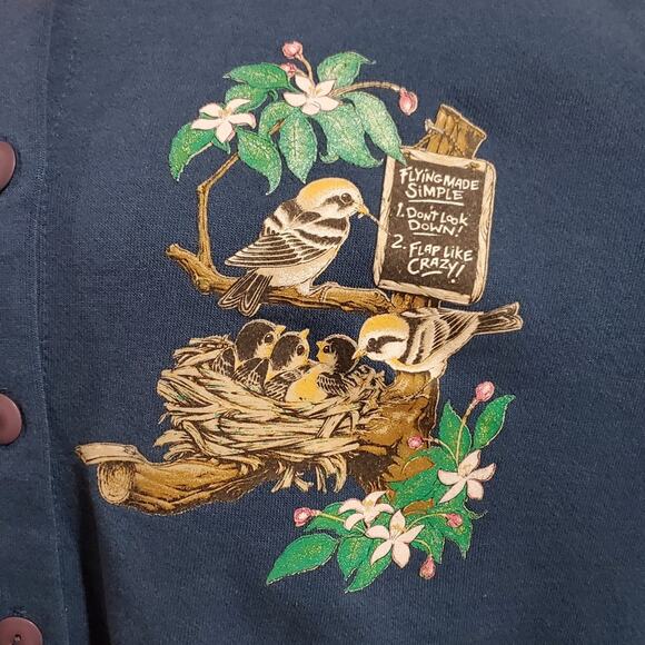 Vtg Morning Sun Bird Button Sweatshirt Womens Size L Granny Blue Pockets Cabin - Picture 2 of 10
